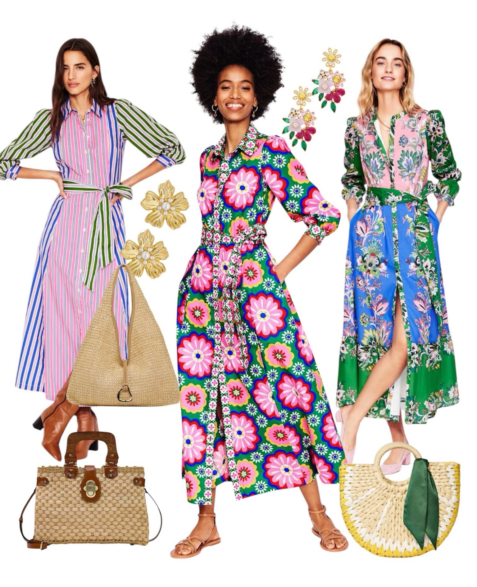 Spring outfits 
Floral print midi dresses
Pastel color dress
Long sleeves dress
Office outfit 
Wedding g guest dress
Casual outfits 
Straw handbags 
Striped midi dresses 
Floral print 
Summer outfit 
Preppy 
Romantic 