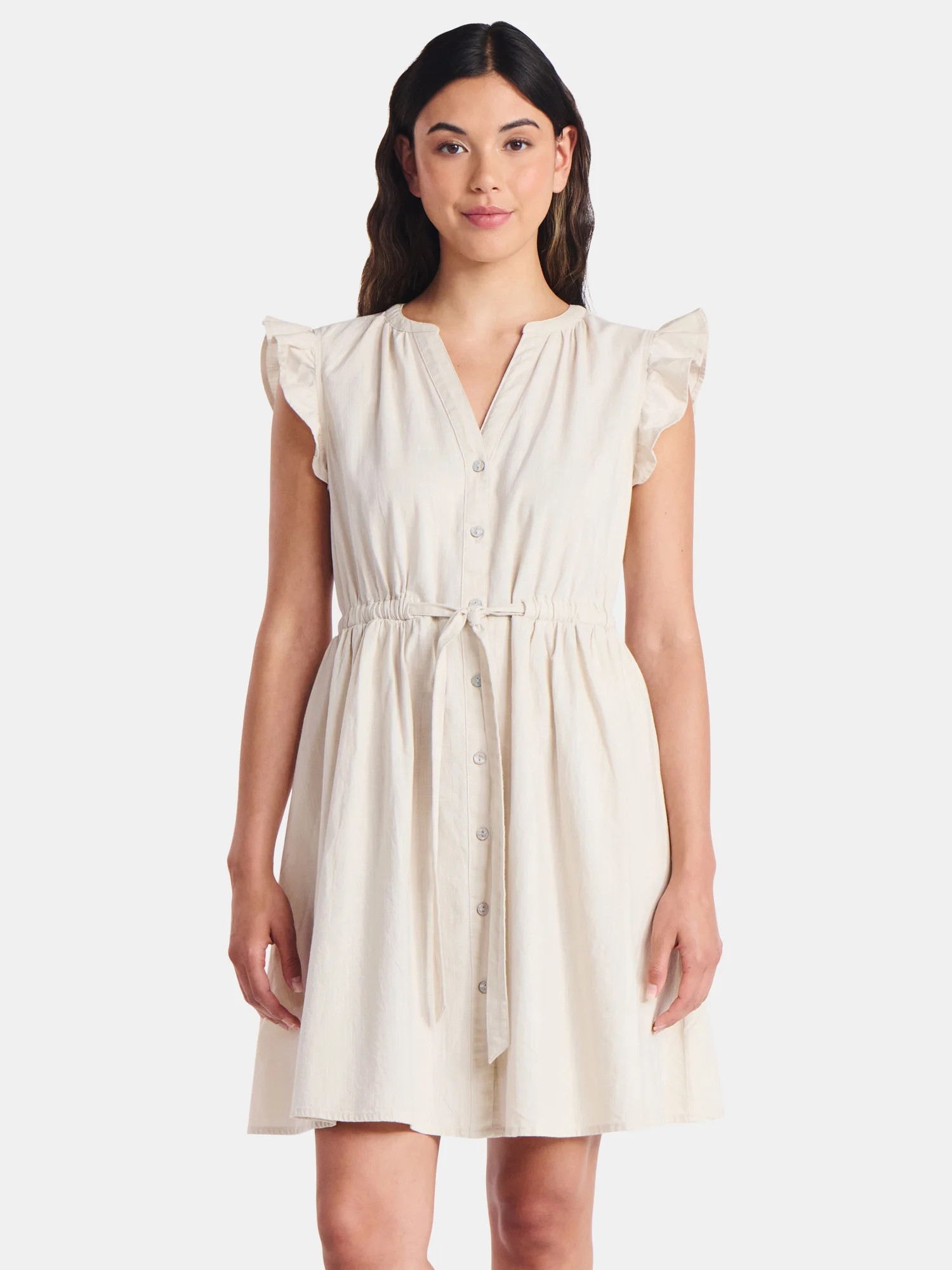 Time and Tru Women's and Women's Plus Button Front Cotton Mini Dress with Flutter Sleeves, Sizes ... | Walmart (US)