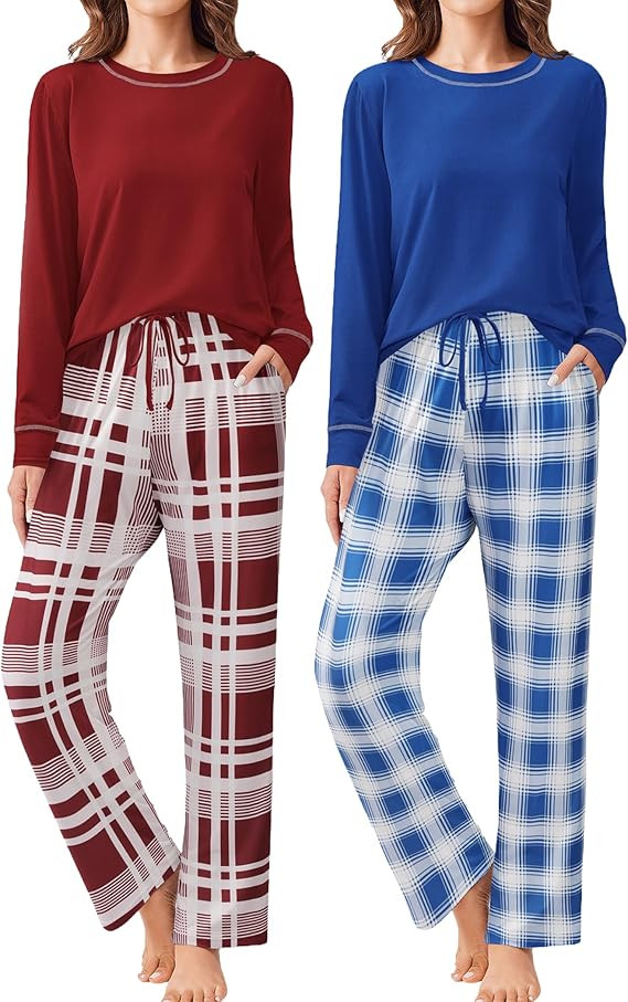 Ekouaer 2 Pack Women Pajama Long Sleeve Sleepwear Soft Loungewear Pjs Sets with Pockets S-XXL | Amazon (US)