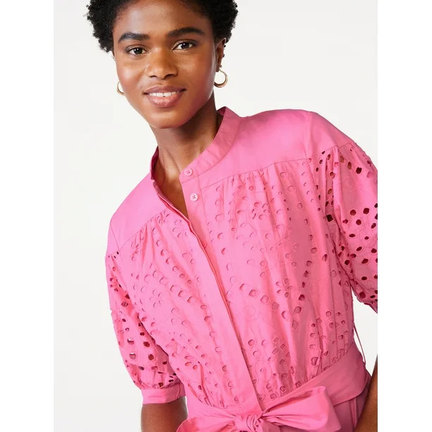 Scoop Women's Eyelet Short Shirt Dress with Volume Sleeves | Walmart (US)