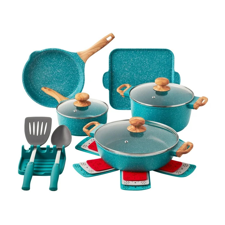 The Pioneer Woman Prairie Signature 14-Piece Cast Aluminum Cookware Set, Teal Speckle | Walmart (US)