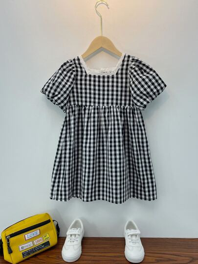 Girls Gingham Lantern Sleeve Babydoll Dress | SHEIN