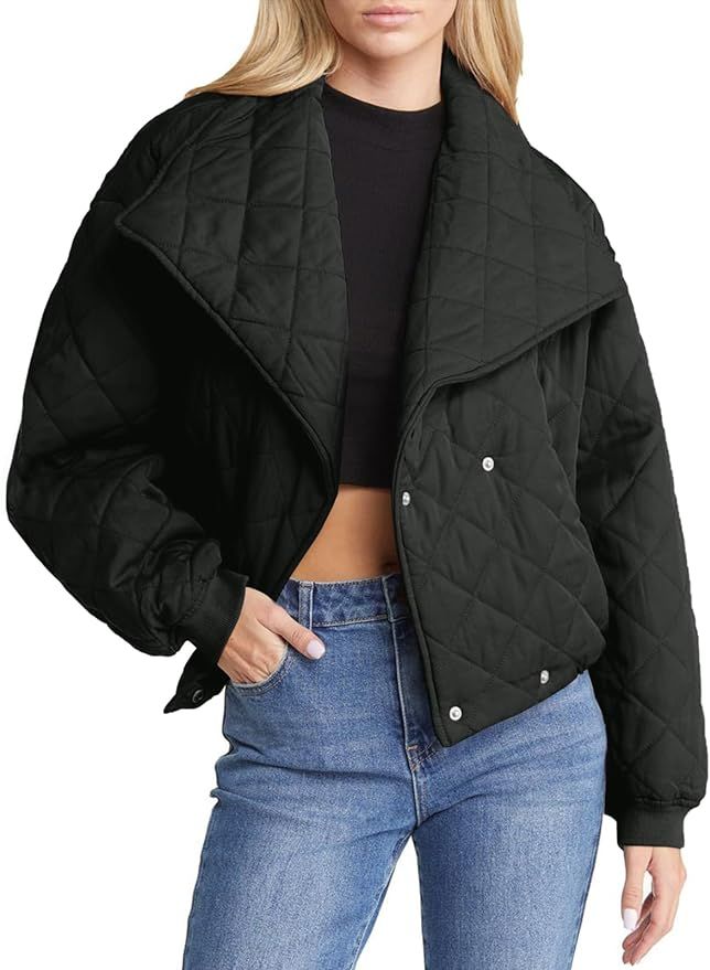 Fazortev Women's Winter Puffer Jacket Long Sleeve Big Lapel Collar Quilted Short Down Coats | Amazon (US)