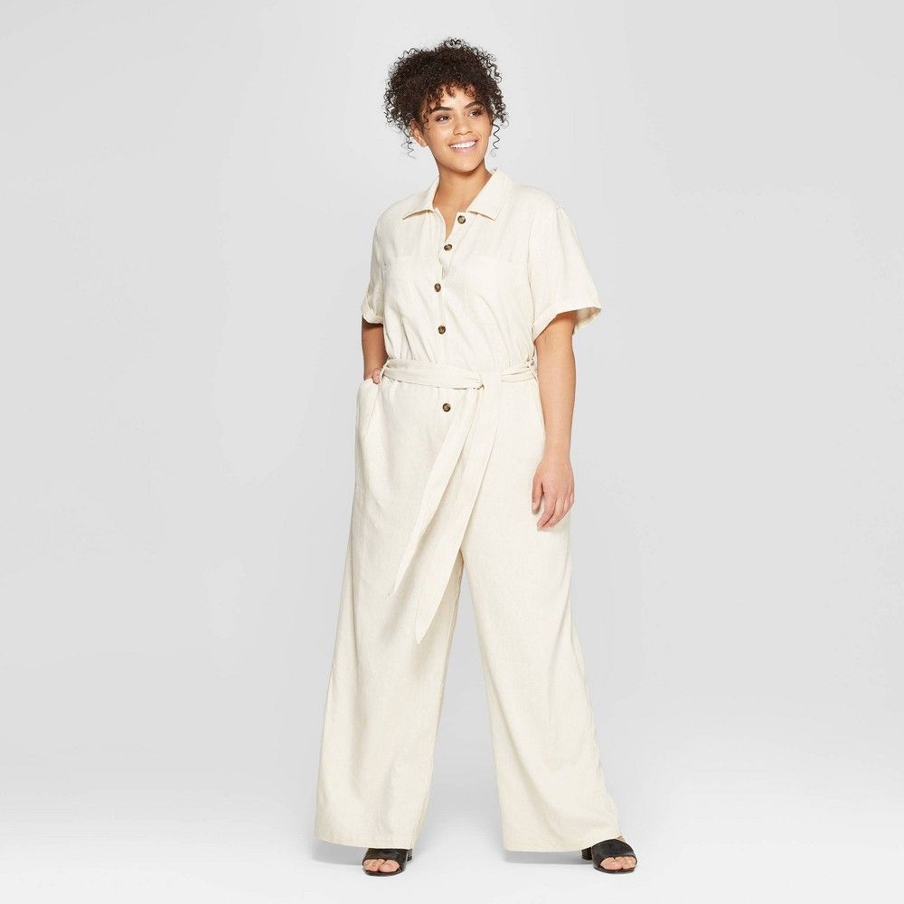 Women's Plus Size Short Sleeve Button-Down Belted Utility Jumpsuit - Who What Wear Cream X, Brown | Target