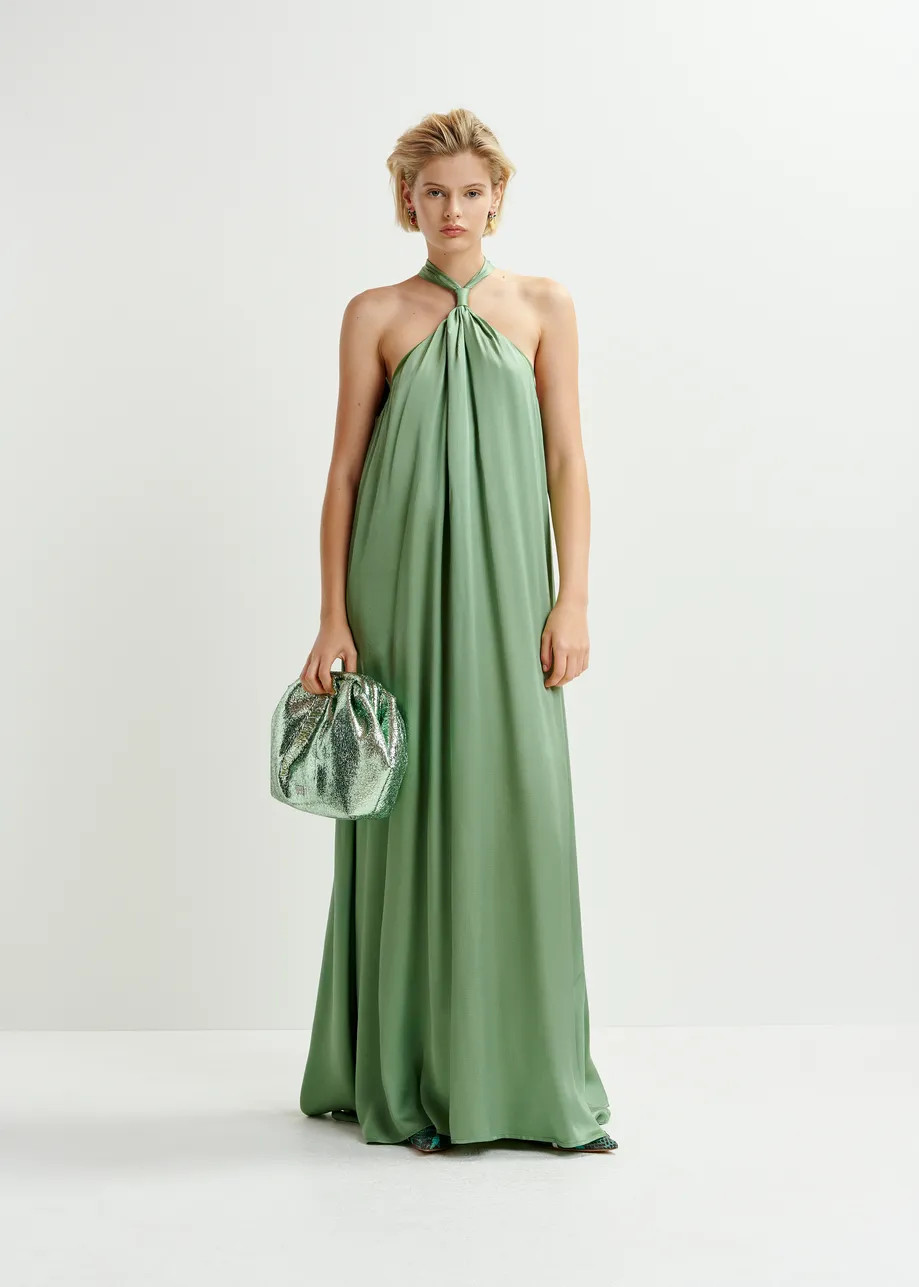 Khaki halterneck maxi-dress with knot detail | Essentiel Antwerp United States | Essentiel Antwerp