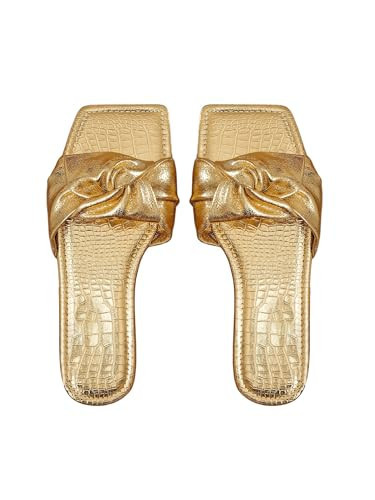 GORGLITTER Women's Gold Flat Sandals Square Toe Metallic Ruched Summer Dressy Cute Slide Shoes Gold 6.5 | Amazon (US)