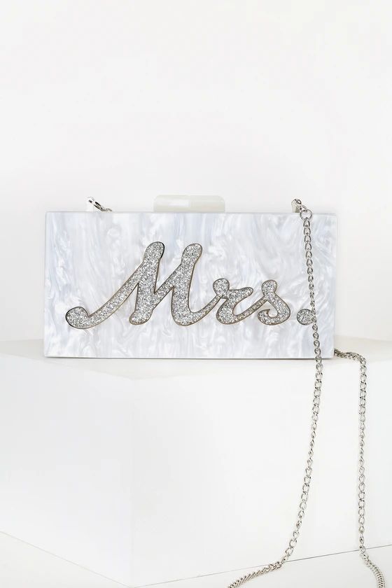 Mrs. Bridal White and Silver Glitter Acrylic Box Clutch | Lulus (US)