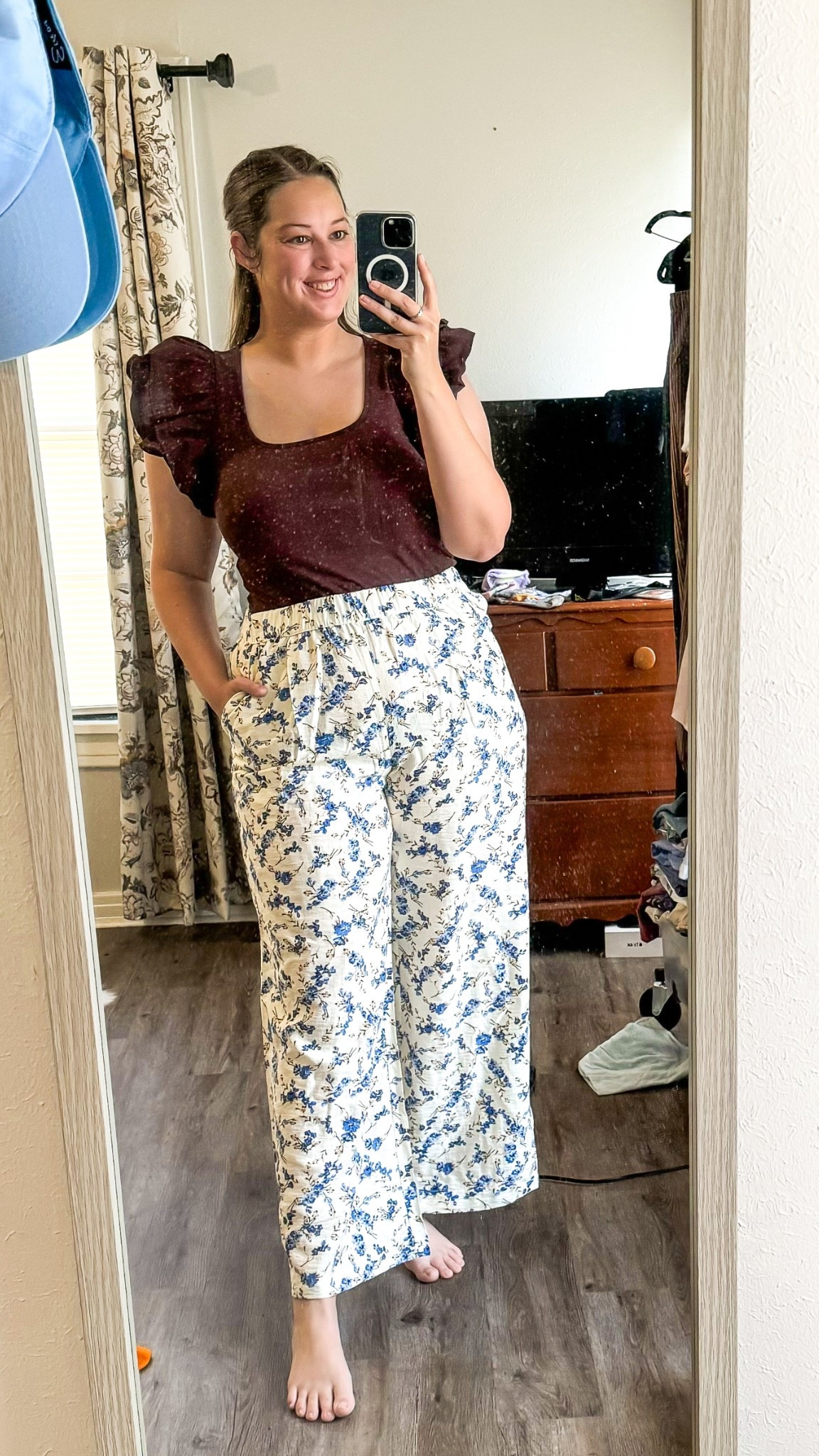 3.6.25 ootd - target brown double ruffle sleeve top (size large, also linking similar from Amazon), target a new day high waisted blue floral wide leg linen pants (size large)

Midsize, midsize outfit, size 10 ootd, size 12, work outfit, grand millennial style, coastal style, feminine style, affordable outfit, target finds, effortless outfit 

#LTKFindsUnder50 #LTKWorkwear #LTKMidsize