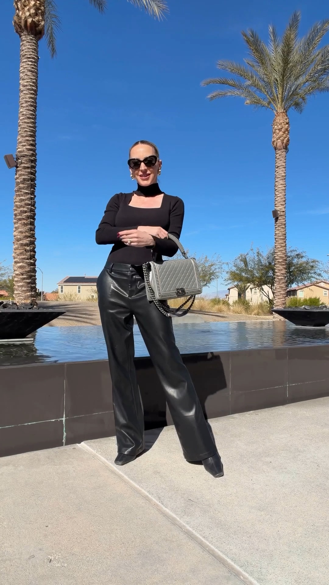 OOTD: #gifted black leather pants, black long sleeve bodysuit, black knee high boots and silver Chanel bag. Lunch outfit, weekend outfit.  

#LTKootd #LTKSeasonal #LTKPetite
