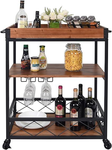 CharaVector Solid Wood Bar Serving Cart,Rolling Kitchen Storage Cart for the Home with Wine Glass... | Amazon (US)