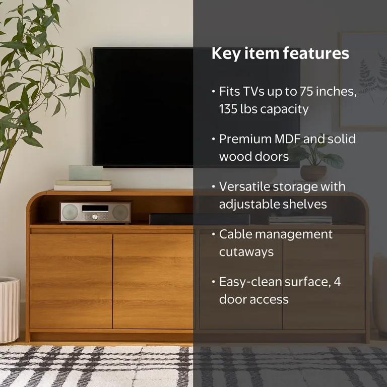 Better Homes & Gardens Juliet Curved TV Stand for TVs up to 75", Light Honey Finish | Walmart (US)
