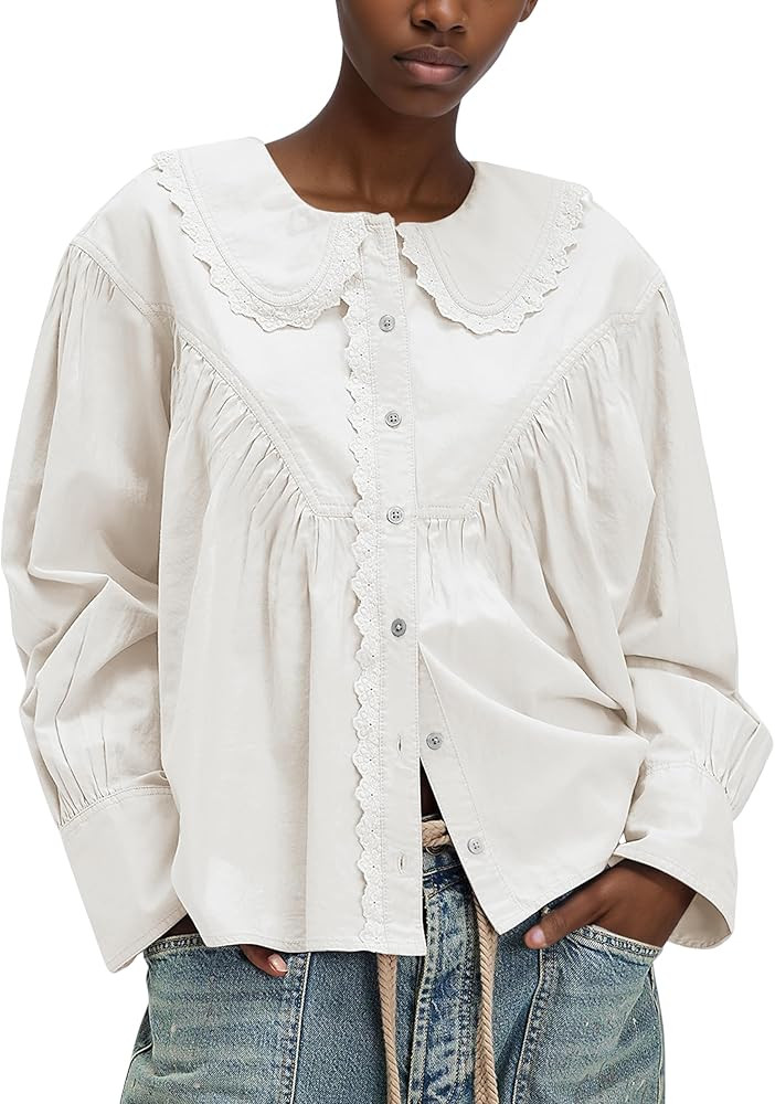 Womens Peter Pan Collar Button Down Blouses Shirts Loose Fit Casual Long Sleeve Summit Shirt | Amazon (US)