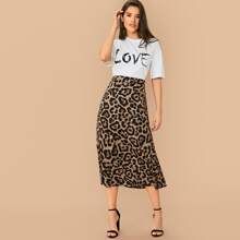 Pearls Beaded Letter Graphic Top & Leopard Skirt Set | SHEIN