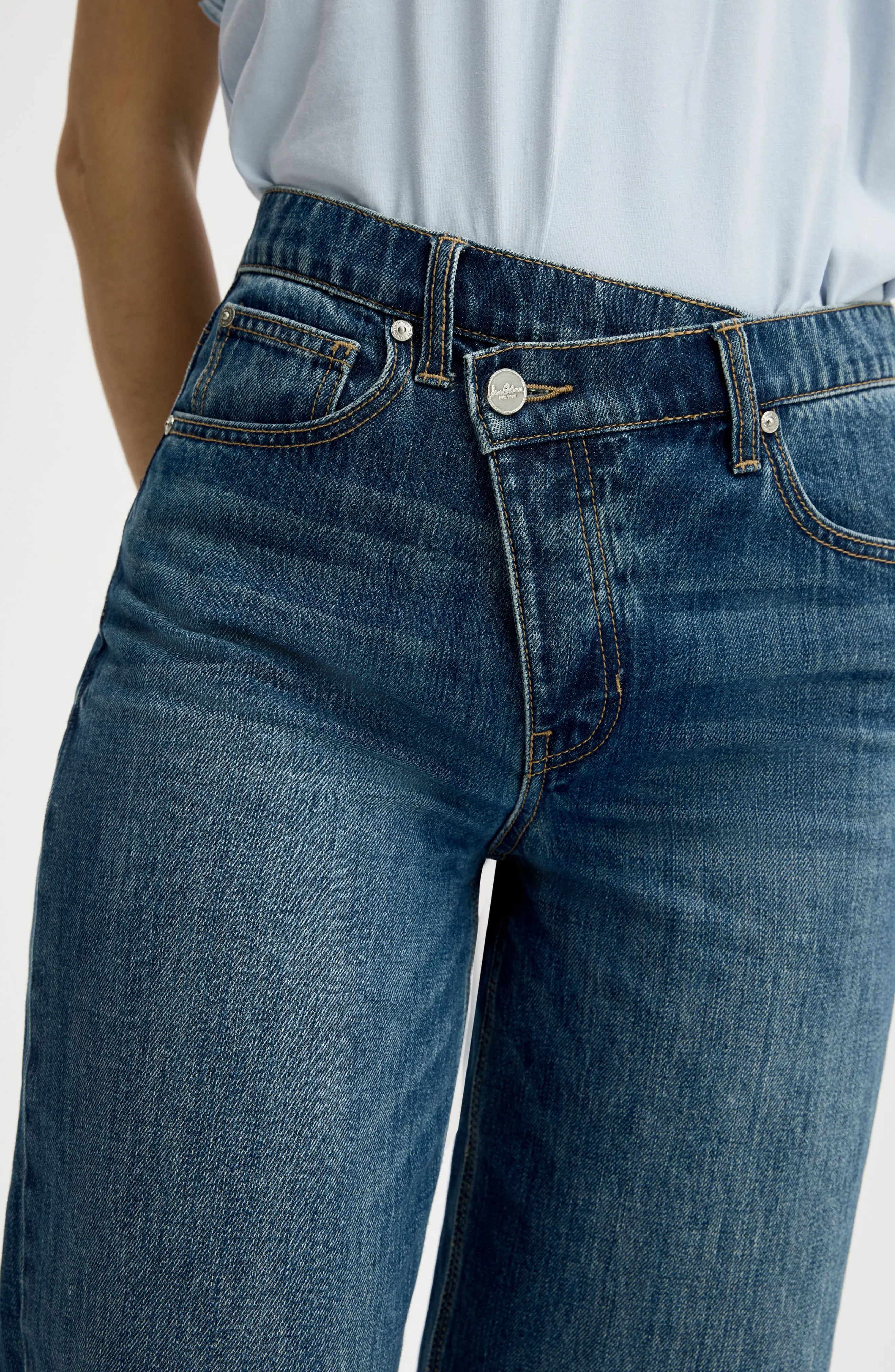 Sam Edelman Crossover Waist Release Hem Taper Leg Jeans in Bozeman Med Wash at Nordstrom, Size 30 | Nordstrom