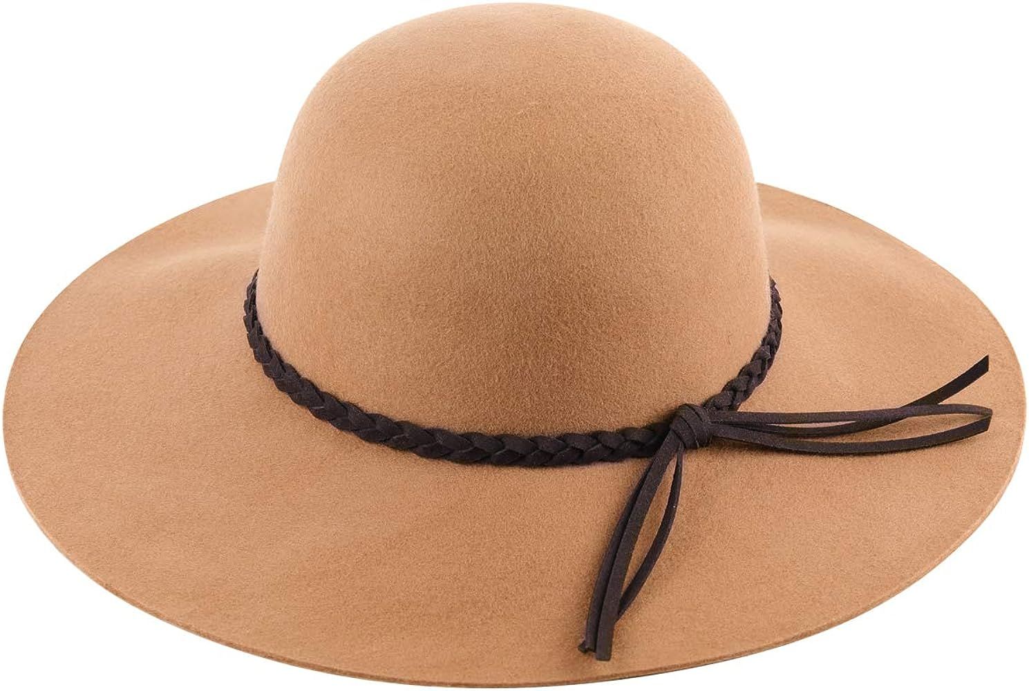 Lanzom Women Lady Retro Wide Brim Large Floppy Panama Hat Belt Wool Fedora Hat | Amazon (US)