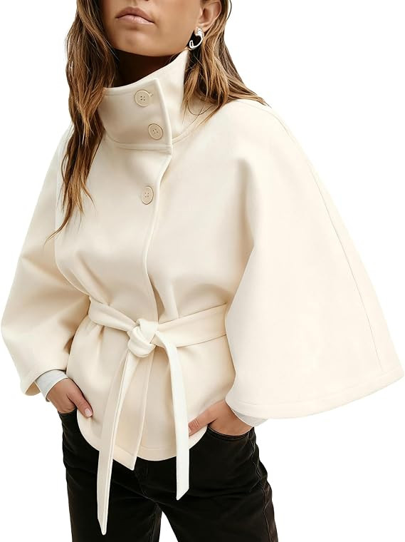 Womens Batwing Sleeve Poncho Pea Coats Elegant Stand Collor Capes Jacket Cloak Belted Fall Trendy... | Amazon (US)