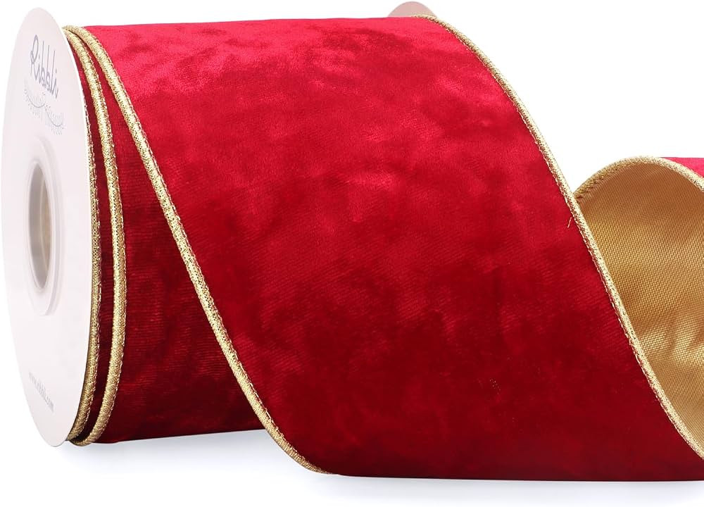 Ribbli Red Velvet Wired Ribbon 4 Inch Metallic Crushed Velvet Christmas Ribbon for Gift Wrapping ... | Amazon (US)