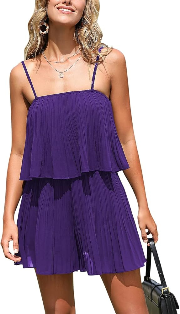 EXLURA Womens Spaghetti Strap Pleated Short Jumpsuit Sleeveless Flowy Playsuit Rompers | Amazon (US)