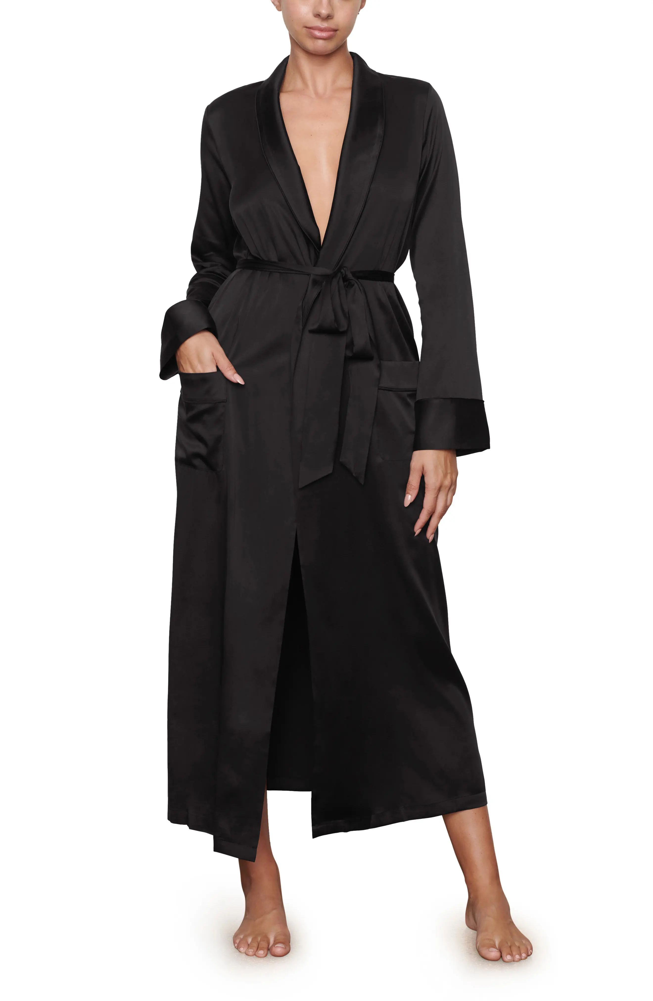 SKIMS Long Stretch Silk Robe, Size Xx-Small in Soot at Nordstrom | Nordstrom