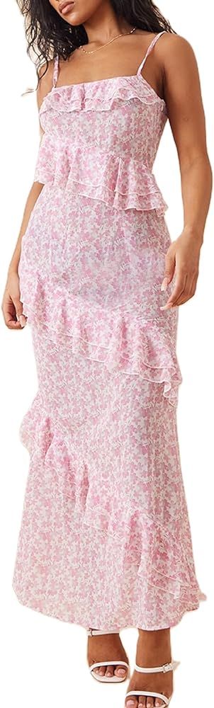 Women 3D Flowers Halter Dress Floral Fringed Long Dress Y2k Sleeveless Open Back Tassels Dress Sh... | Amazon (US)