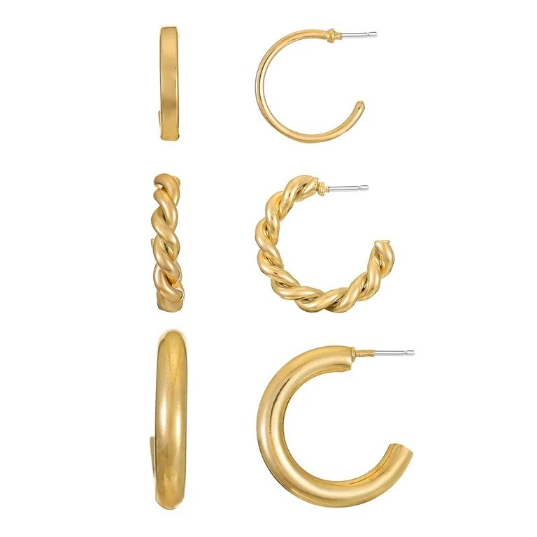 Time and Tru Gold Hoop Earring Trio for Women, 3 Pairs - Walmart.com | Walmart (US)