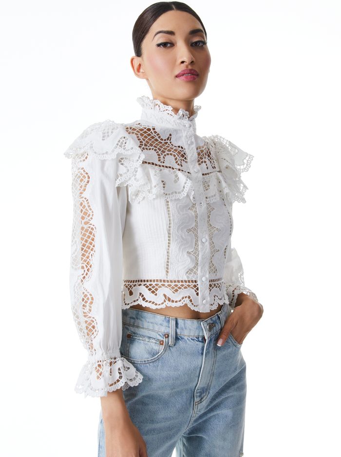 MARLO EYELET RUFFLE BLOUSE | Alice + Olivia