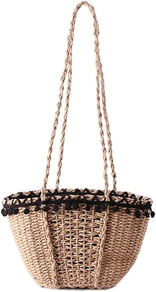 Pom Pom Woven Bag Straw Shoulder Bag Beach Travel Bag for Women, Summer Leisure Crossbody Bag (Br... | Amazon (US)