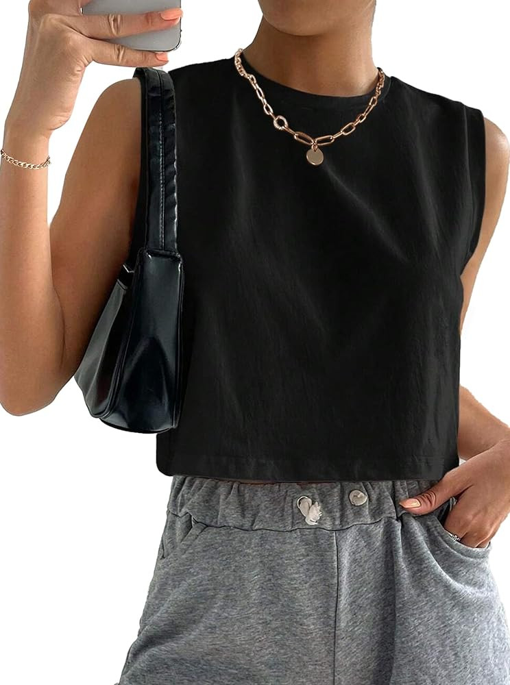 Hilinker Womens Crew Neck Loose Crop Tank Tops Workout Casual Sleeveless T-Shirt | Amazon (US)
