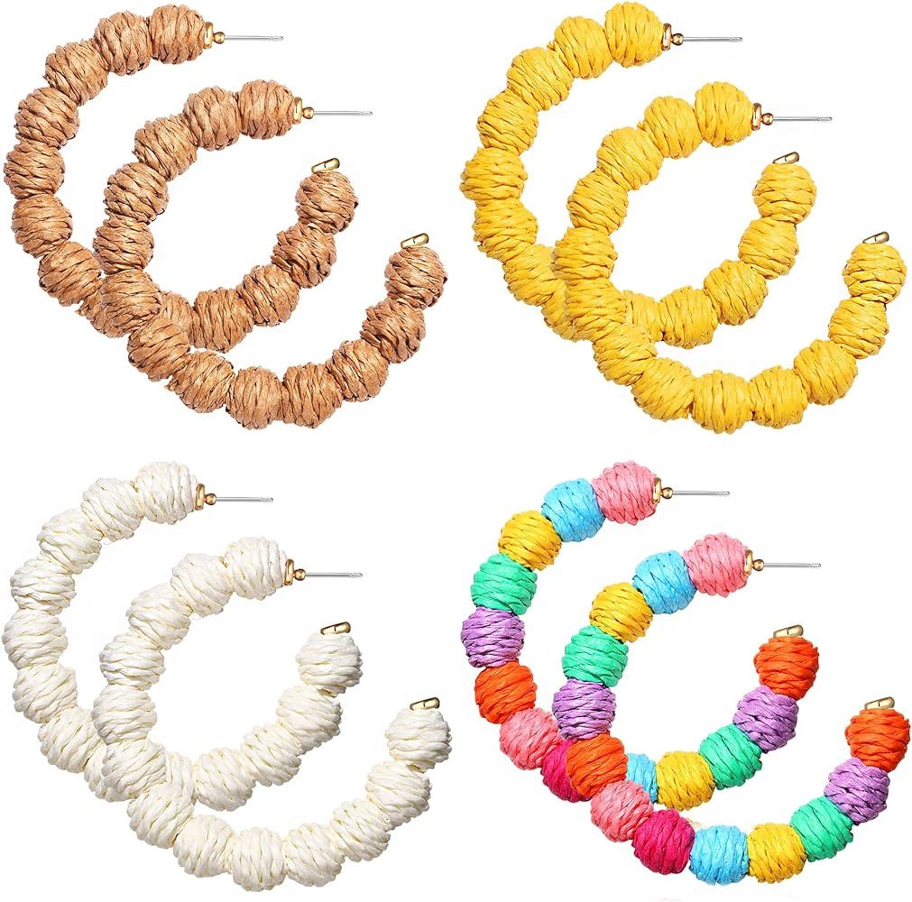 4 Pairs Rattan Earrings for Women Boho Raffia Ball Hoop Dangle Earring Set Handmade Summer Beach ... | Amazon (US)