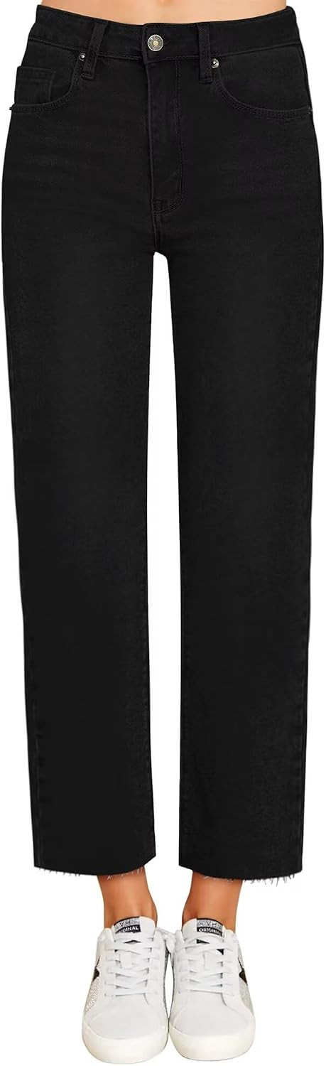 KDF Women's Cropped Straight Leg Jeans - High Waisted Jeans for Women 7/8 Length Denim Pants with Crop Hem | Amazon (US)