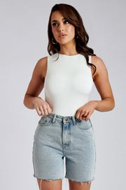 Kirra Raw Hem Longline Rigid Boyfriend Shorts - Light Blue | MESHKI US