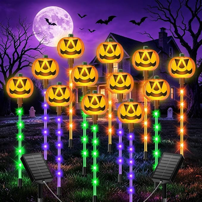 Upgraded Solar Pumpkin Lights Outdoor Halloween Decorations, 12 Pack | Amazon (US)