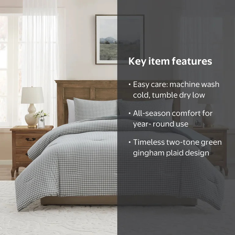 My Texas House King Comforter Set, All-Season, 3-Piece, Green Gingham Plaid | Walmart (US)