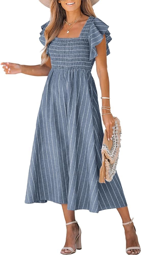 CUPSHE Women's Square Neck Striped Smocked Dress Ruffled Cap Sleeves Dress A Line Maxi Dress | Amazon (US)