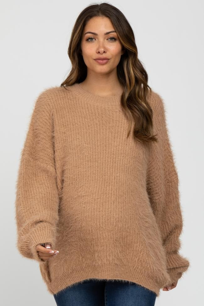 Taupe Fuzzy Chunky Knit Maternity Sweater | PinkBlush Maternity