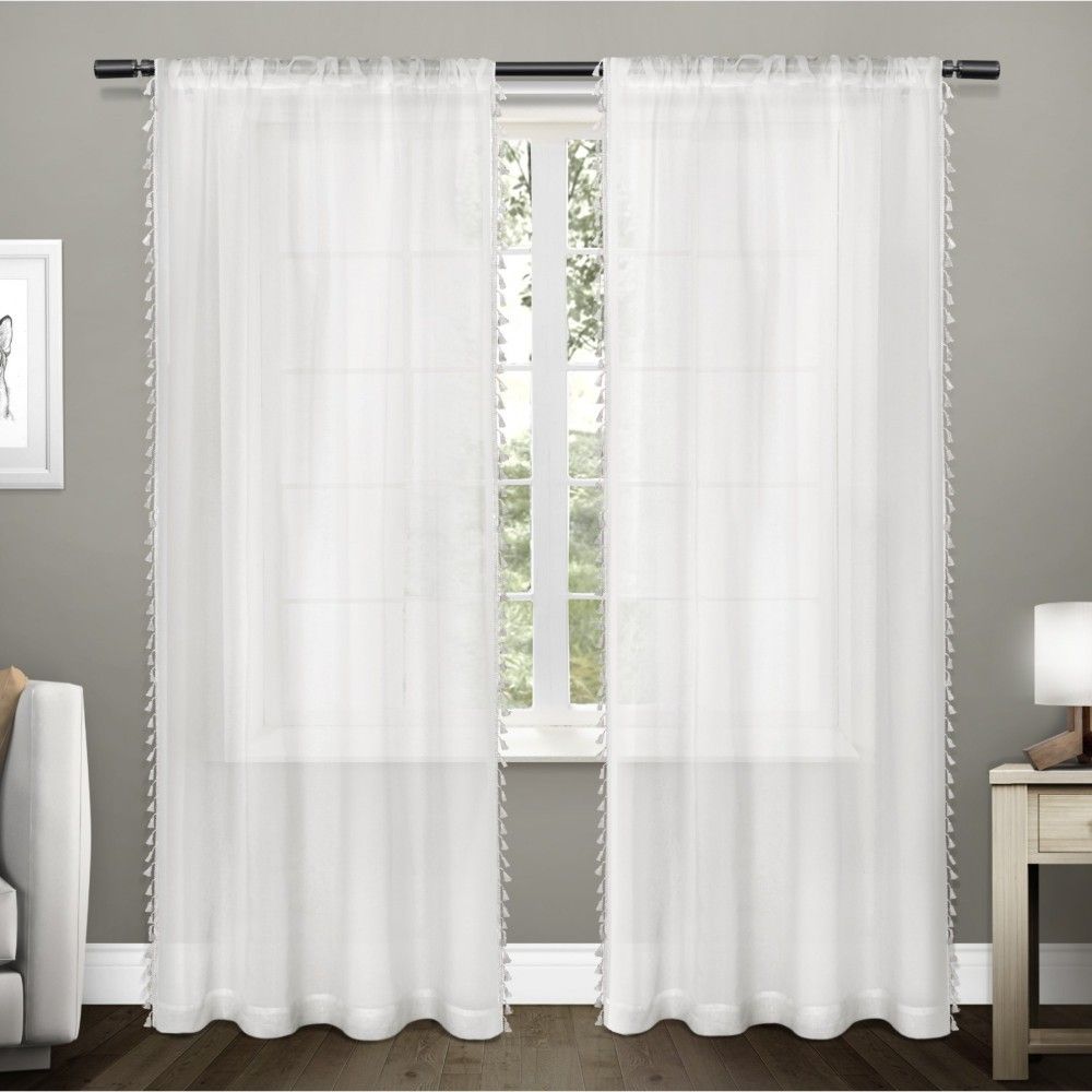 Tassels Textured Sheer Bordered Tassel Applique Rod Pocket Window Curtain Panel Pair White (54""x84"") Exclusive Home, Adult Unisex | Target