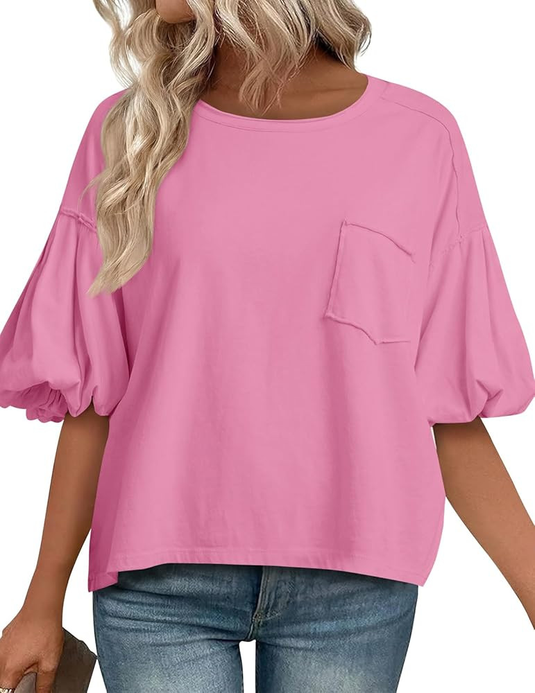 Cicy Bell Womens Puff Sleeve Tops Crew Neck Drop Shoulder Pocket T-Shirt Summer Casual Tees Loose... | Amazon (US)