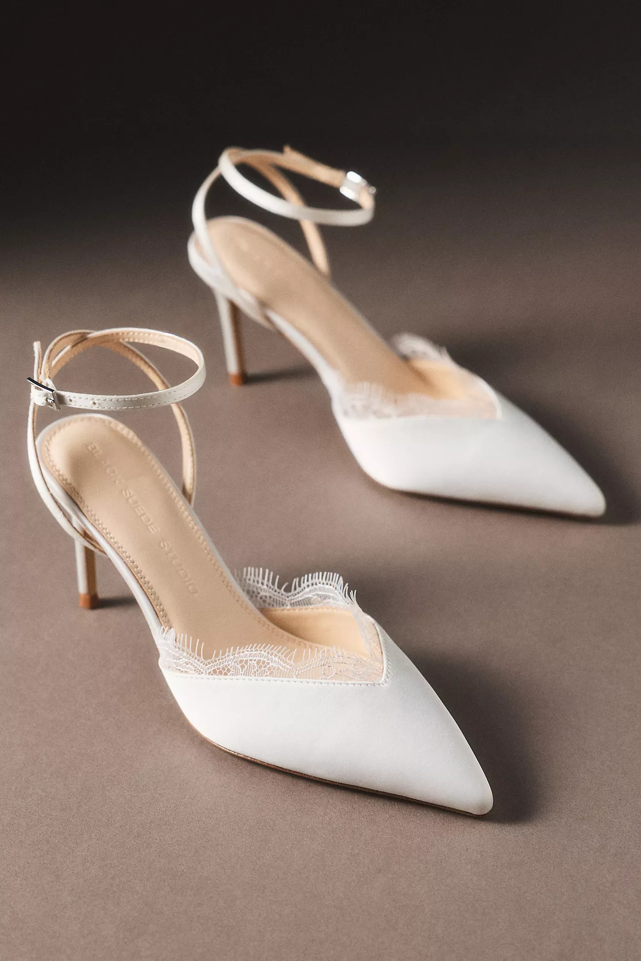 Black Suede Studio Satin and Lace Pointed Toe Heels | Anthropologie (US)