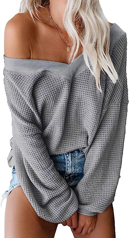 Amazon.com: Asvivid Womens Solid Off The Shoulder Batwing Sleeve Oversized Sweater V Neck Waffle ... | Amazon (US)