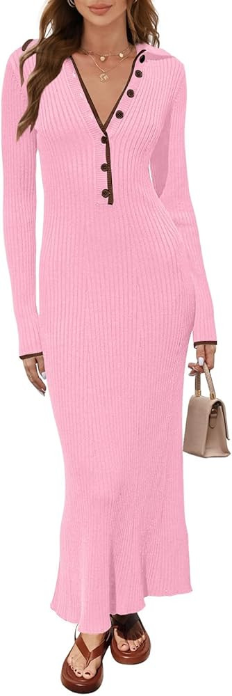 MEROKEETY Women's Long Sleeve V Neck Sweater Dress Button Ribbed Knit Slim Fit Elegant Maxi Dress... | Amazon (US)