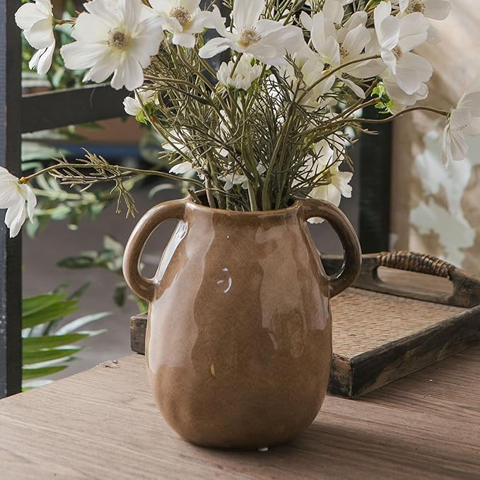 Brown Ceramic Vase with 2 Handles for Modern Farmhouse Home Decor, Vintage Rustic Decorative Vase... | Amazon (US)