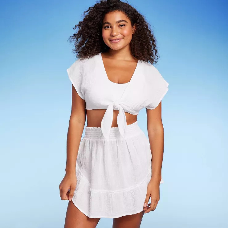 Women's Tie-Front Cover Up Short Sleeve Crop Top - Wild Fable™ White | Target