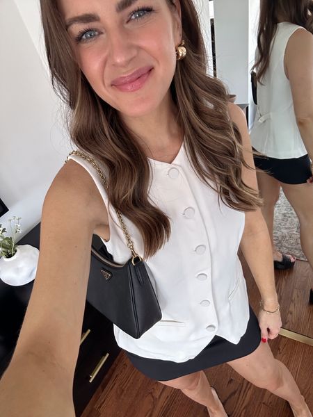 Spring date night outfit 🤍This tailored vest would be great for work, too. It has  matching shorts as wellI that I'm eyeing. I'm wearing a size S in the skirt & S in the top. Sandals fit TTS! 