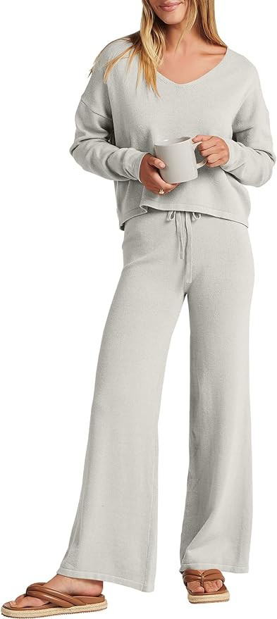 ANRABESS Women’s Two Piece Outfits Long Sleeve V Neck Crop Top with High Waist Wide Leg Pants S... | Amazon (US)