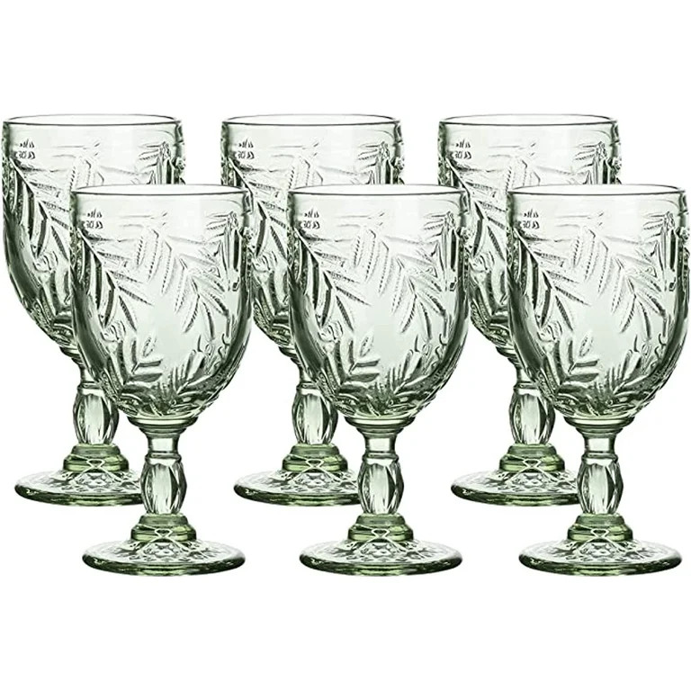 WHOLE HOUSEWARES Green Vintage Wine Glass Goblet Set - 6 Coloured 8.5 oz Embossed Design Glasses ... | Walmart (US)
