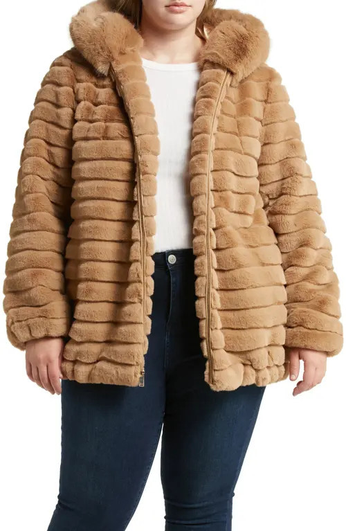 Gallery Hooded Faux Fur Jacket in Camel at Nordstrom, Size 1X | Nordstrom