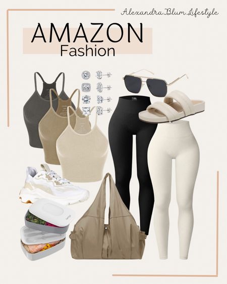 Amazon fashion! Casual lounge style! Amazon finds! Amazon favorites! Amazon best sellers! Leggings, halter top tank tops, neutral sneakers, tote bag, sandals, lunch storage containers, earrings, and sunglasses! 

#LTKfit #LTKshoecrush #LTKFind