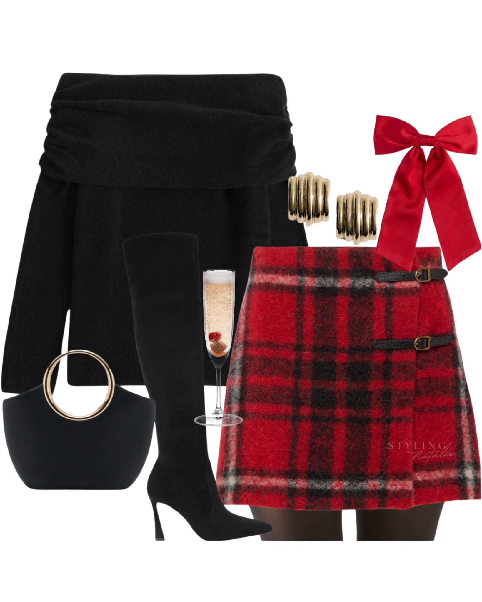 Christmas Day outfit -
Red wool tartan mini skirt, black off the shoulder knit jumper, black tights, suede knee high heel boots, red hair bow, gold earrings and top handle handbag.
🏷️ Christmas outfit, festive outfit, black boots, tartan, knitwear, sweater, dressy, chic partywear.

#LTKeurope #LTKwinter #LTKpartywear