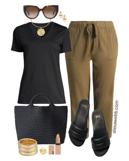 Plus Size Olive Linen Pants Outfits 2 - A plus size casual summer outfit idea with olive green linen pants and a black t-shirt with black slide sandals. Alexa Webb #plussize

#LTKplussize #LTKstyletip #LTKover40