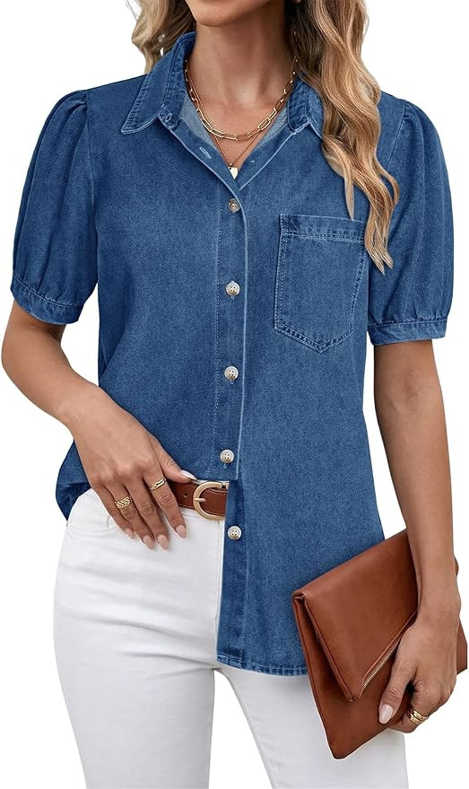 SANMM Denim Shirt Women Casual Button Down Shirts Business Work Blouses Puff Sleeve Womens Summer... | Amazon (US)